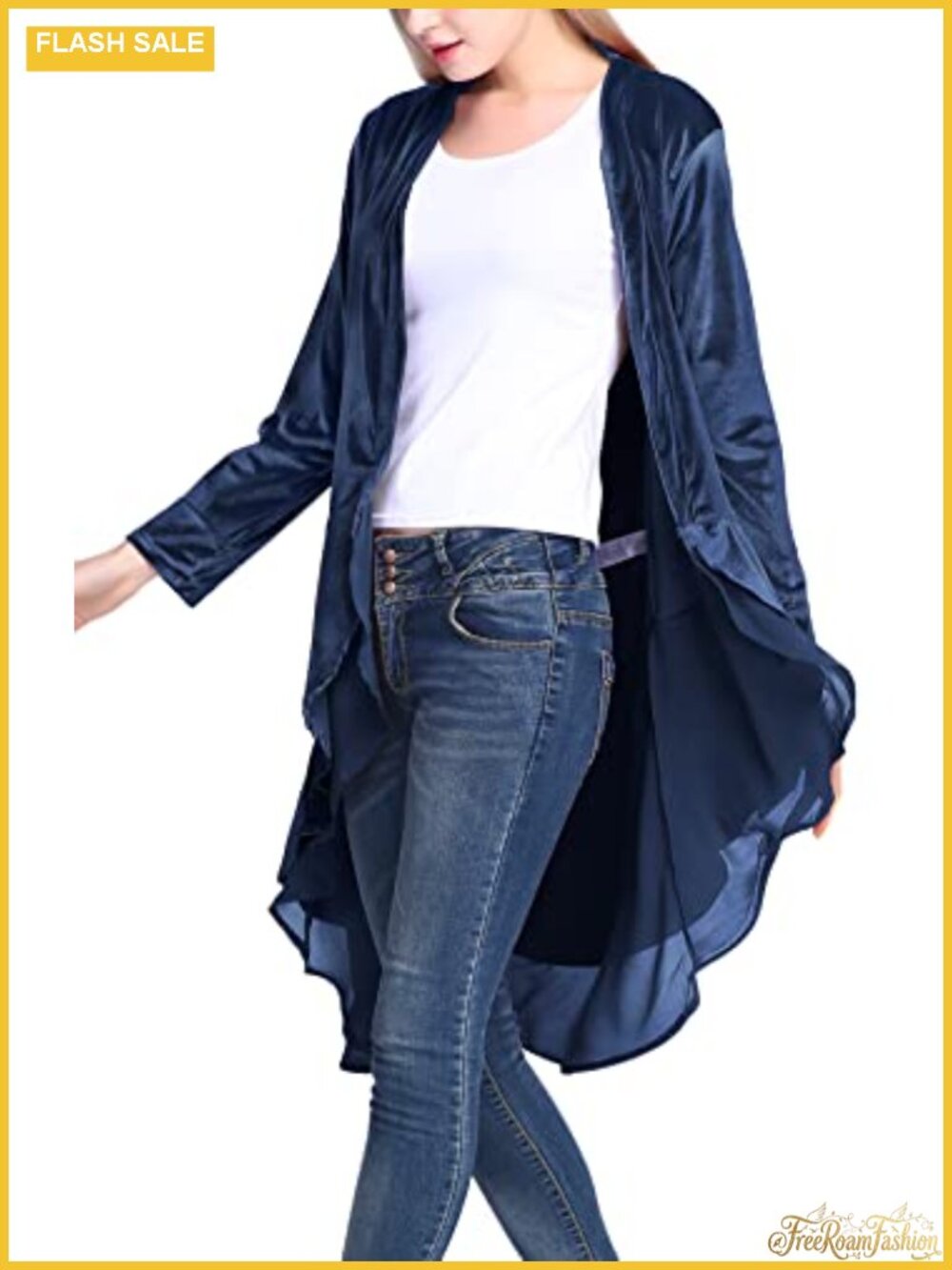 Velvet Long Sleeve Asymmetric Chiffon Hem Cardigan Coat